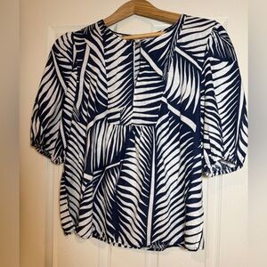 Panama Jack Womens L Linen Blend Tropical Palm Print Front Clasp Puff Sleeves